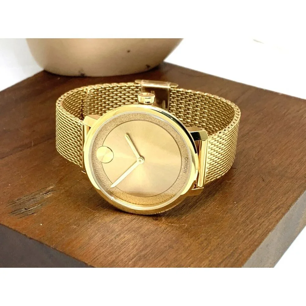 Movado Women's Watch 3600580 Bold Gold Dial Swiss Quartz Steel Mesh Band 34mm